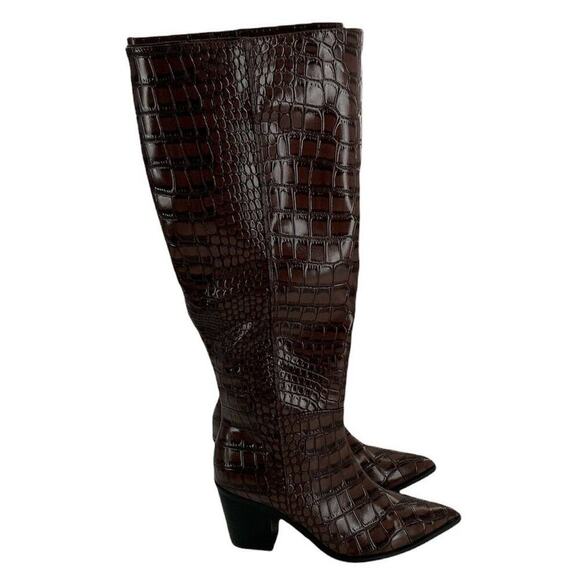 Comfort Faux Crocodile Print Boots Womens Brown Knee High Block Heel Size 7M - Picture 1 of 11